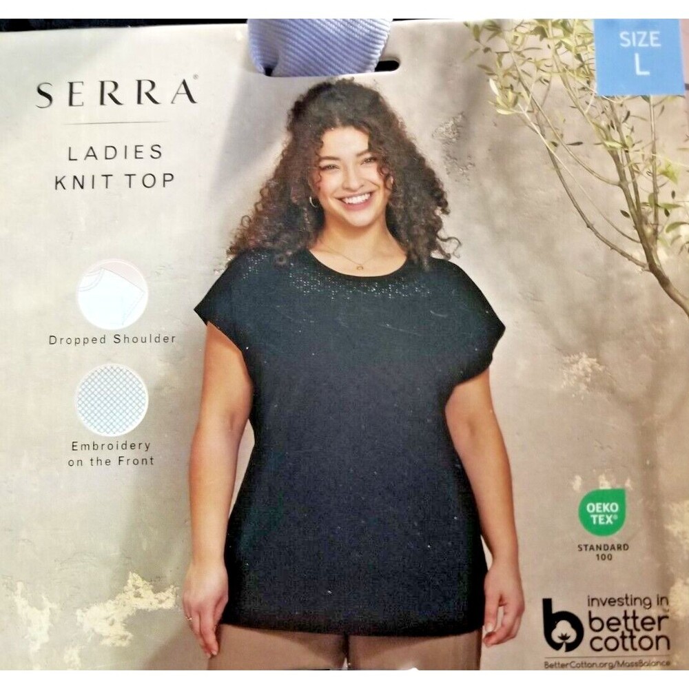 Women's Top Black Short Sleeve Embroidered Front OEKO-TEX New Size Large